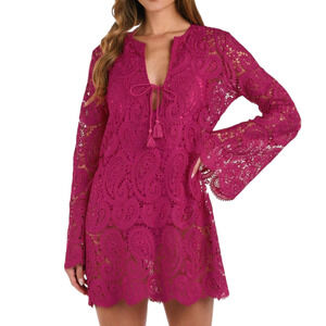 L'Agence Ansley Paisley Long Sleeve Cover-Up Dress Eyelet Lace Fuchsia S NEW